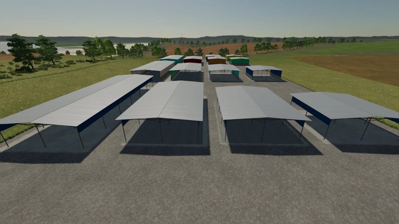 A set of metal hangars/warehouses